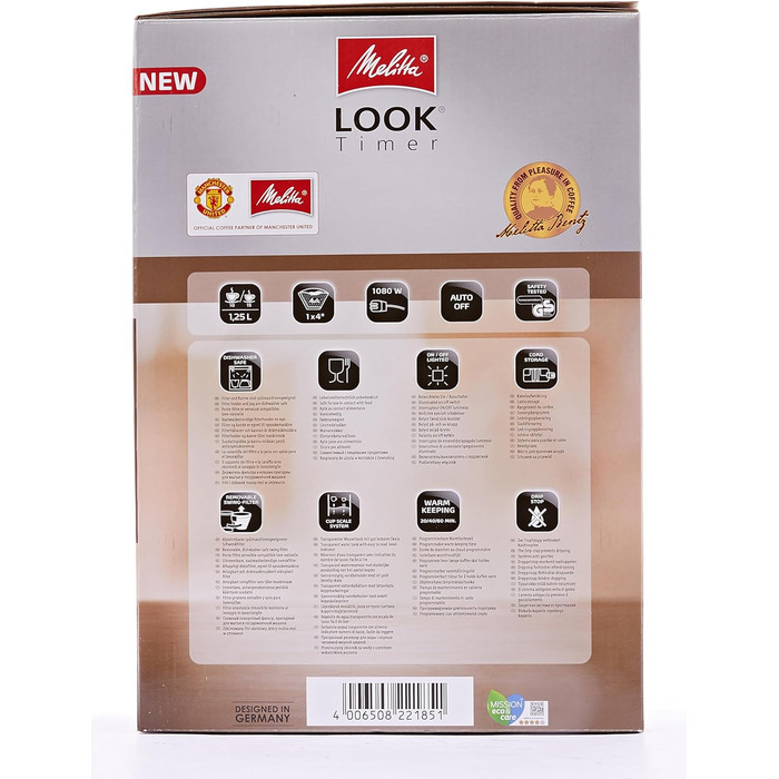 Кавоварка Melitta Look Timer з таймером, крапельна, 10 чашок, біла, скляна колба