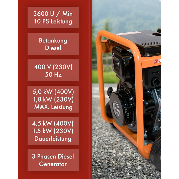Дизельний генератор KnappWulf KW5500-3 5000 Вт (5 кВт) з розетками 230В/400В/12В, датчиком рівня масла та колесами