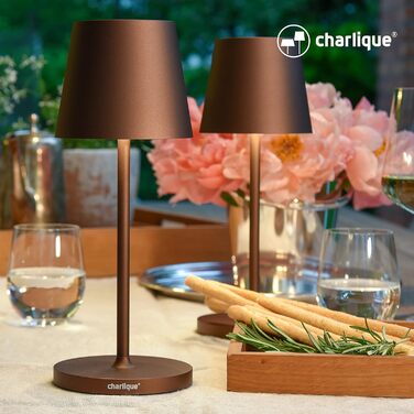 Світильник charlique® LED акумуляторний настільний міні (коричневий), 28 см – бездротова лампа з USB, тепле світло, для дому та вулиці, водостійка для балкона, тераси й саду