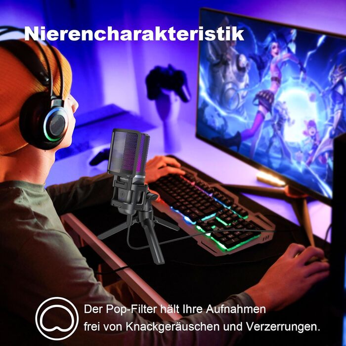 Ігровий USB-мікрофон Zealsound для ПК, стрімінгу, подкастів, студії, з адаптером Type-C, RGB-підсвіткою, кнопкою вимкнення звуку, штативом, поп-фільтром, антивібраційним кріпленням і виходом для навушників, сумісний з PS4, PS5, Mac, смартфонами