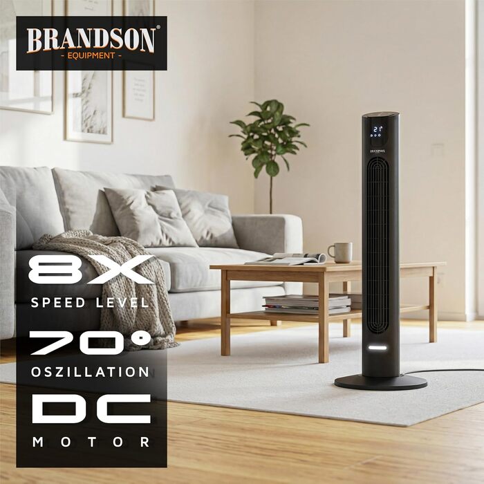 Вентилятор Tower Brandson з Еко DC мотором, 8 швидкостей, таймер, дистанційне керування, енергозберігаючий, преміум-якість