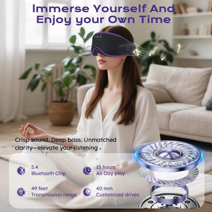 Маска для сну 3D Bluetooth з навушниками LC-Dolida для жінок та чоловіків, повна світлоблокада, комфорт на всю ніч. М'які навушники для сну під час подорожей, в ліжко (фіолетова)