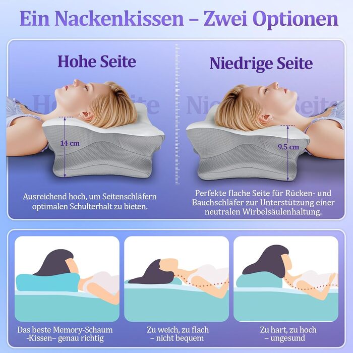 Подушка для шиї з Memory Foam - ортопедична подушка для сну, бічних, спинних та тих, хто спить на животі. Підтримка шиї, ергономічна подушка