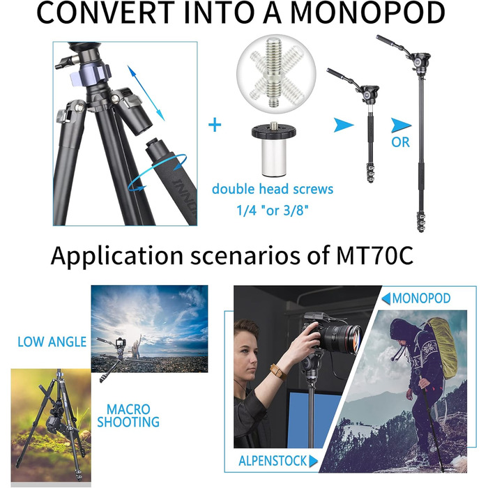 Професійний відеоштатив INNOREL MT70C з напівсферичним рівнем, карбоновий, без флюїдної голови, швидке фліп-замикання, трансформується у монопод, для DSLR камер і відеокамер
