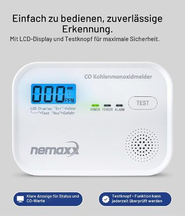 Детектор чадного газу NEMAXX® CM18 з LCD-дисплеєм, електрохімічний сенсор, 85 дБ, стандарт EN 50291-1:2018, термін служби 10 років (набір 2 шт.)