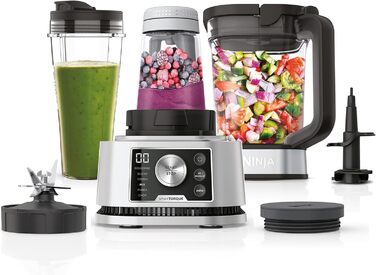 Блендер Ninja Foodi Power Nutri Mixer 3-в-1, 1200 Вт, автоматичні програми, для смузі, густих намазок і заморожених напоїв, 2,1 л глечик, 700 мл стакан і 400 мл чаша з Power-мішалкою, сріблястий, CB350EU