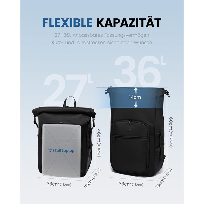 LOVEVOOK Рюкзак Rolltop, чорний, 17.3 дюйми, водонепроникний, для подорожей, школи, університету, велосипеда