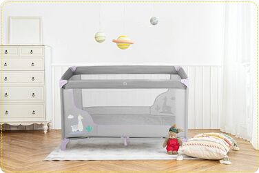 Дитяче ліжечко-манеж Ricokids, складане, 125x65x78 см, 15 кг, з матрацом і колесами, бічний вхід, світло-сірий та лавандовий