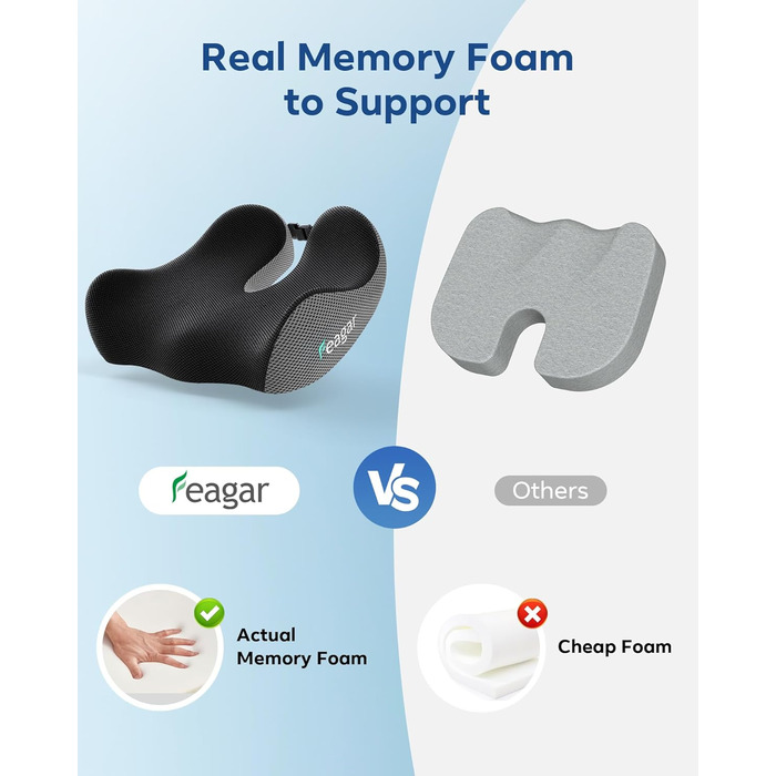 Ортопедична подушка для сидіння Feagar з memory foam - ергономічна подушка для офісного крісла, авто та дому - для полегшення болю в куприку при тривалому сидінні, неслизька (до 100 кг) (Сірий)