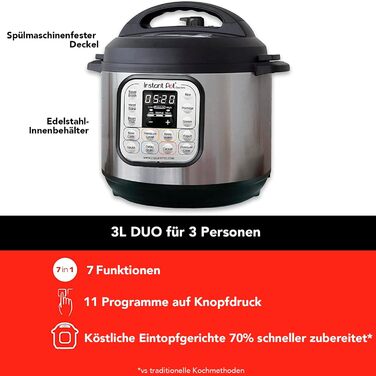 Мультиварка Instant Pot Duo 3л – електрична, 7-в-1, з нержавіючої сталі, скороварка, рисоварка, пароварка, йогуртниця