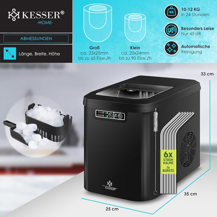 Льодогенератор KESSER, нержавіюча сталь, 12 кг/добу, 2,2 л, 2 розміри льоду, LED-дисплей, самоочищення, чорний
