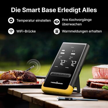 Розумний бездротовий термометр для м'яса ThermoMaven з базовою станцією, Wi-Fi та Bluetooth, 2 щупи (6 сенсорів), NIST-сертифікований, для смокера, духовки та BBQ, золотисто-жовтий
