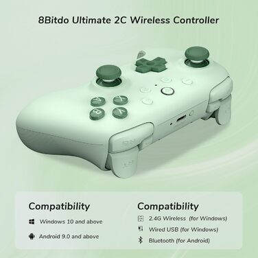 8BitDo Ultimate 2C: Бездротовий контролер для ПК Windows та Android, 1000 Гц, Hall-ефект, Turbofunktion (Зелений)