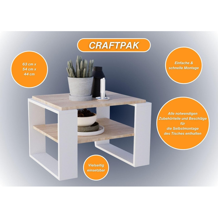 Журнальний стіл CraftPAK Kaja 63 для вітальні, з ДСП, сучасний та стійкий, з додатковою полицею, колір бардоліно-білий
