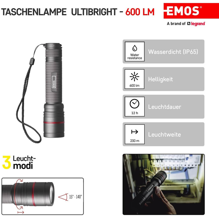 Ліхтарик EMOS акумуляторний CREE LED металевий з фокусом Ultibright 80, 3 режими, ударостійкий, водонепроникний, 600 люмен, до 230 м, з ремінцем і чохлом, для дому та вулиці, сірий