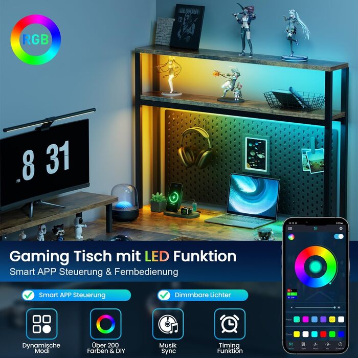 Ігровий стіл кутовий 150 x 100 см з 3 розетками та 1 USB, реверсивний, з LED-підсвічуванням, з ящиками та підставкою для монітора, для геймінгу, офісу, коричневий