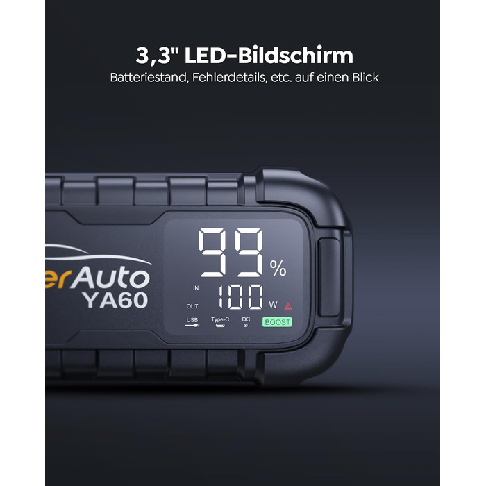 Бустер для автомобіля YaberAuto 8000A, пусковий пристрій Powerbank 26800mAh, 65W USB-C PD, для бензинових та дизельних двигунів до 12.0л, з ліхтарем 600 Лм