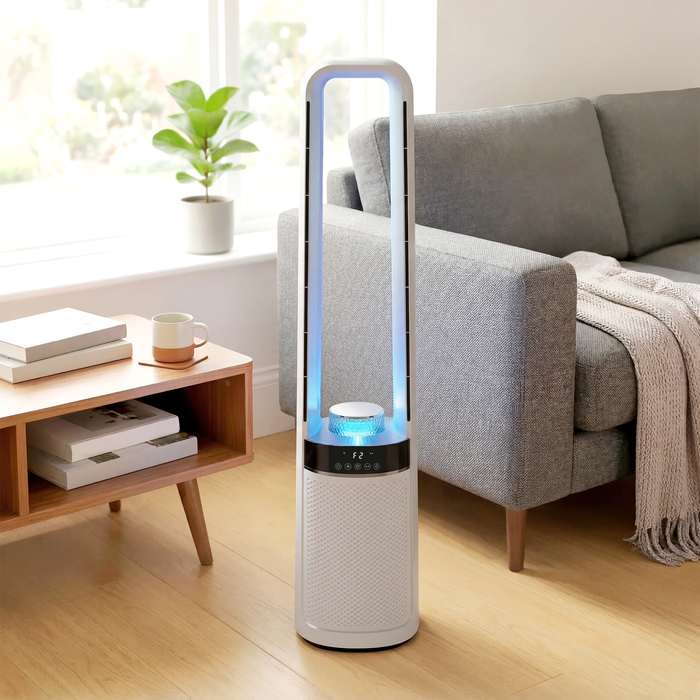 Безлопатевий вежаний вентилятор: осциляція 45°, LED-підсвітка, 3 швидкості, таймер на 12 годин, пульт керування