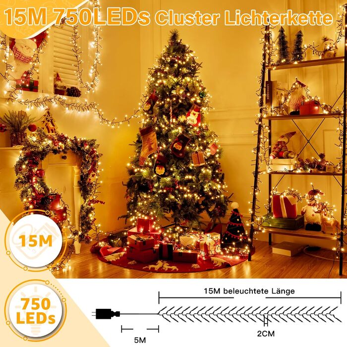 Світлодіодна гірлянда Cluster для вулиці 30м, 1500 LED, теплий білий колір, з пультом керування
