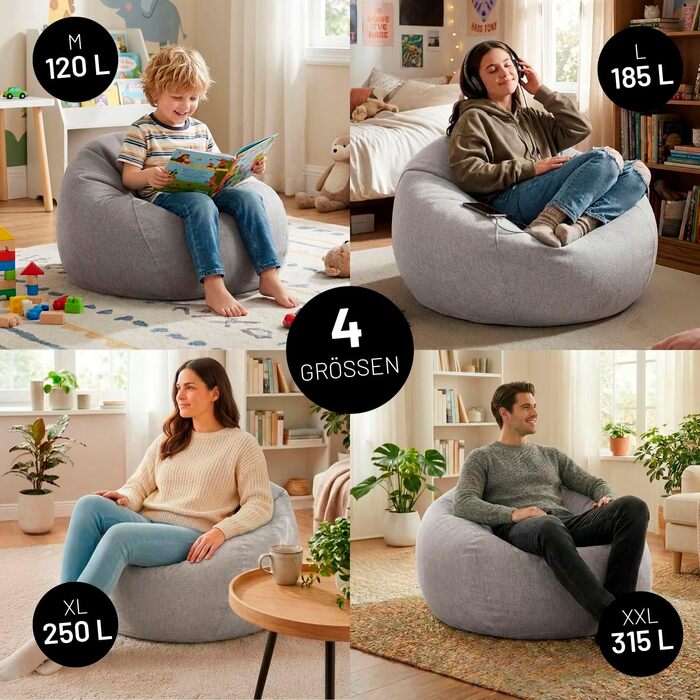 Мішок-крісло Lumaland Comfort Line 80x90x50 см, сірий | Пуф-крісло з EPS-гранулами для дітей та дорослих, 185 л