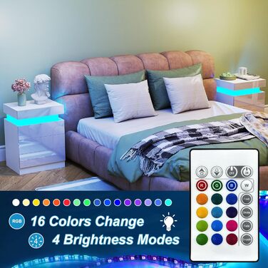 Тумбочки білі з LED-підсвіткою, комплект 2 шт, нічна комод-тумба з 3 шухлядами та відкидною кришкою для спальні та вітальні, 45x35x61 см