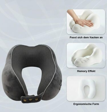 Подорожня подушка-опору для шиї U-подібна з ефектом пам'яті (Memory Foam), м'який вельветовий чохол, сіра (Raws Essentials)