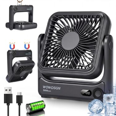 Вентилятор настільний USB WOWDSGN з магнітною основою, LED-дисплеєм та акумулятором 5000mAh, 4 режими, для кемпінгу, подорожей, офісу - Чорний
