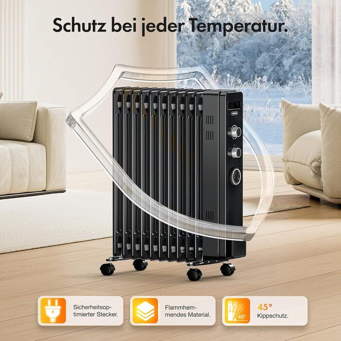 Масляний радіатор VonHaus 2500W, електричний обігрівач з термостатом, 3 режимами потужності, таймером на 24г та 11 секціями (Чорний)