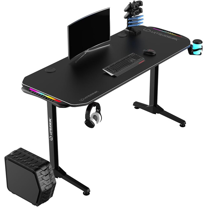 Ігровий стіл ULTRADESK FRAG V3 150x60 см, LED RGB підсвітка, сталева конструкція, для 2 моніторів, чорний, з аксесуарами