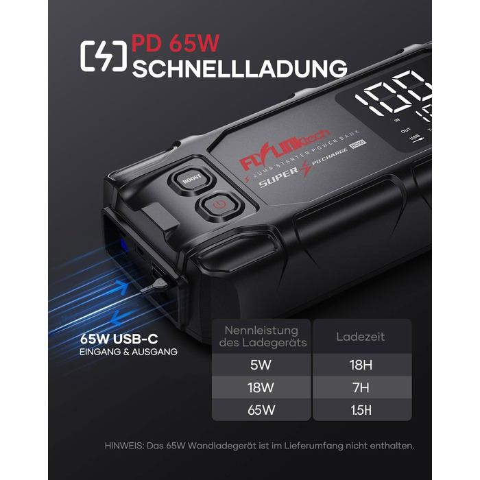 Powerbank Flylinktech 8000A для авто: стрибок старту, 26800mAh, PD65W, 8000A, для бензинових та дизельних двигунів (до 12.0L)
