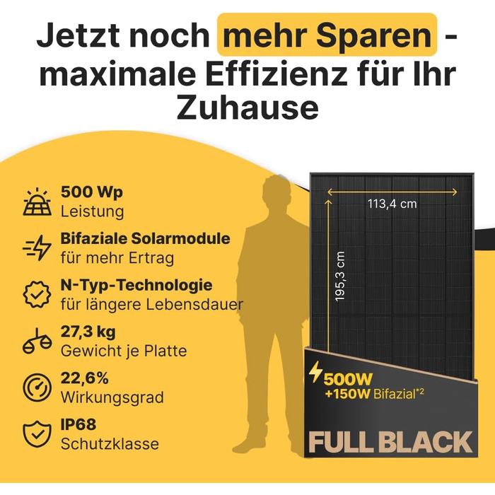 Двосторонній сонячна панель Solakon 500W N-Type Glass-Glass, 40V Full Black для балкона та фотоелектричних систем (1 шт)