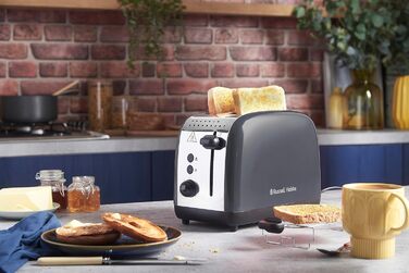 Тостер Russell Hobbs Colours Plus Edelstahl на 2 тости, сірий. З широкими слотами, підставкою для булочок, 6 режимів підсмажування, розморожуванням, функцією Lift & Look, 1600 Вт