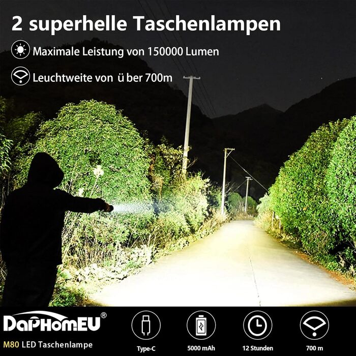 Ліхтарик daphomeu LED акумуляторний 500000 люмен, надяскравий, тактичний, зум, водонепроникний, 5 режимів для кемпінгу, туризму, надзвичайних ситуацій