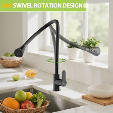 Змішувач кухонний Hurran Flexibler з 3 режимами подачі води, поворотний на 360°, з нержавіючої сталі, чорний матовий