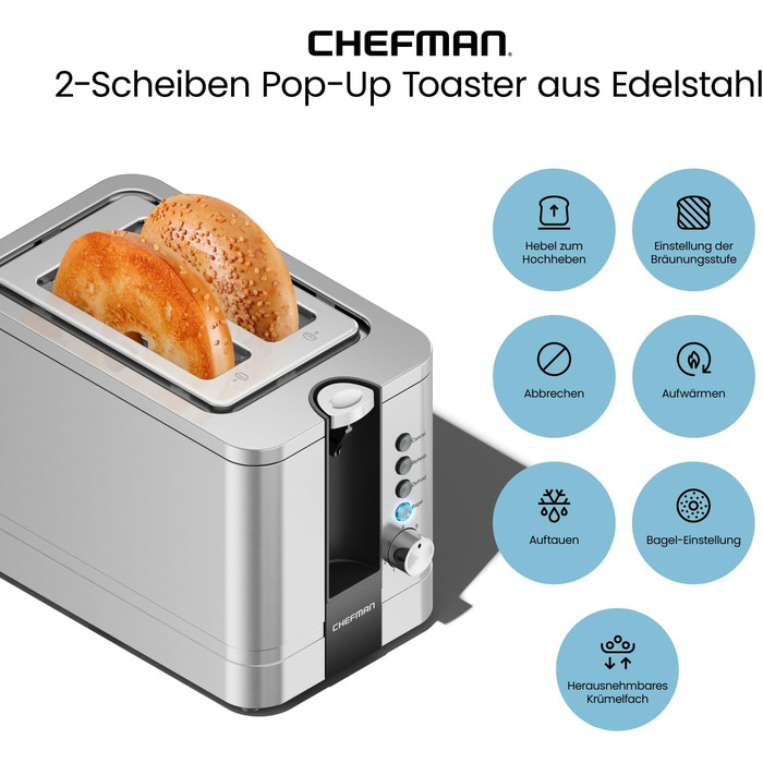 Тостер Chefman з нержавіючої сталі на 2 скибки, 7 режимів підсмажування, широкі слоти для бейглів, функції розморожування, підігріву та зупинки, знімний піддон для крихт, 925 Вт, 240 В, сріблястий