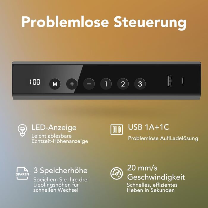 Регульований письмовий стіл HUANUO 88x50 см з шухлядою, USB-зарядкою та 3-ма режимами пам'яті, горіх, чорний горіх