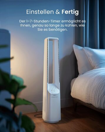 Вентилятор без лопатей Pro Breeze 101 см з LED дисплеєм, 6 швидкостей, 5 режимів, авто-коливання 60°, таймер 7 годин, управління через додаток та пульт, білий