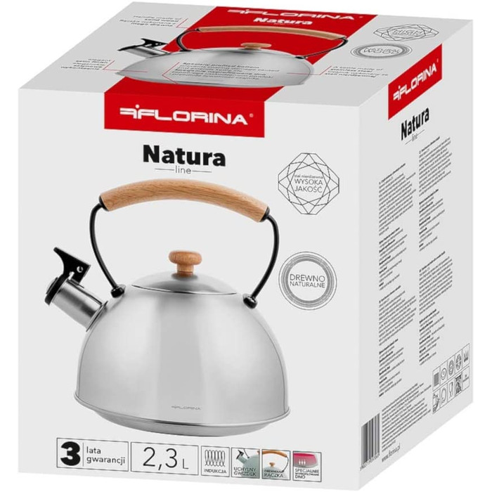 Чайник FLORINA Natura 2,3 л з нержавіючої сталі, зі свистком, дерев'яною ручкою, для індукційної, газової та електричної плити, чорний