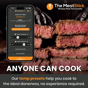 Термометр для м'яса MeatStick з додатком: бездротовий термометр для м'яса з радіусом дії 10 м, точний вимірювач температури до 300°C, термометр для гриля з датчиком 92 мм, з зарядним пристроєм Xtender