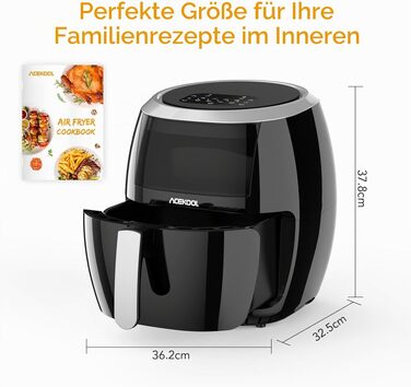 Аерофритюрниця Acekool XXL 8л, 1800 Вт, без масляного смаження, 8 програм, регулювання температури, сіра (з книгою рецептів)