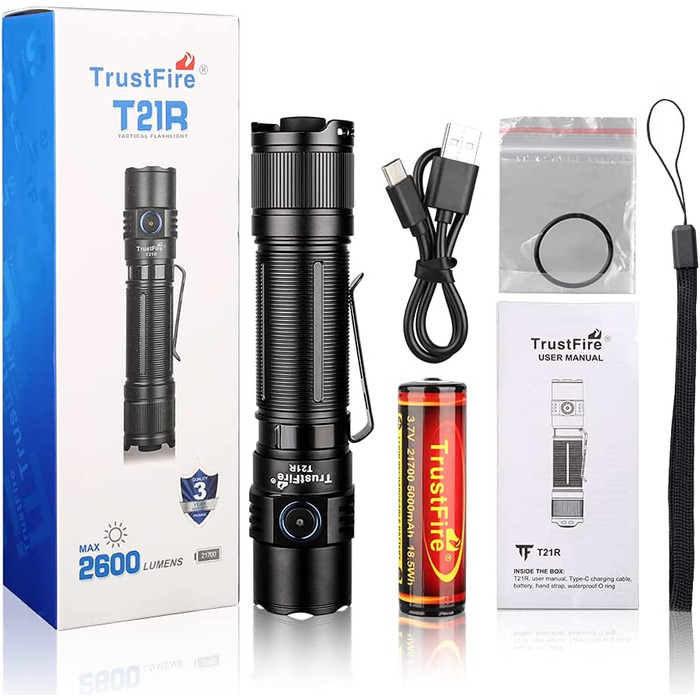 Ліхтарик TrustFire T21R LED 2600 люмен, акумулятор 5000мАг, 5 режимів, IPX8 водонепроникний, тактичний, для кемпінгу, туризму, надзвичайних ситуацій, коричневий