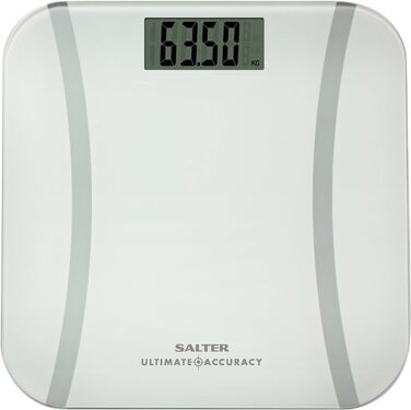 Електронна вага Salter 9073 WH3R для людей, з аналізом жиру, LCD-дисплеєм, скляна, висока точність, крок 50 г, функція Step-on, ніжки для килима, до 180 кг, біла