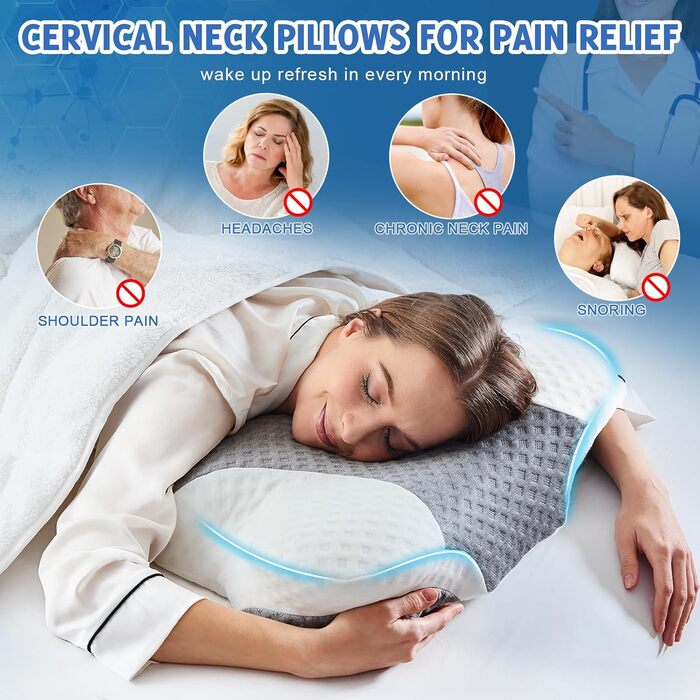 Ортопедична подушка для шиї з піною Memory Foam - ергономічна подушка для сну, що знімає біль у шиї, регульована подушка для тих, хто спить на боці з дихаючим чохлом для комфортного сну (Сірий Білий, 40 x 60 см)