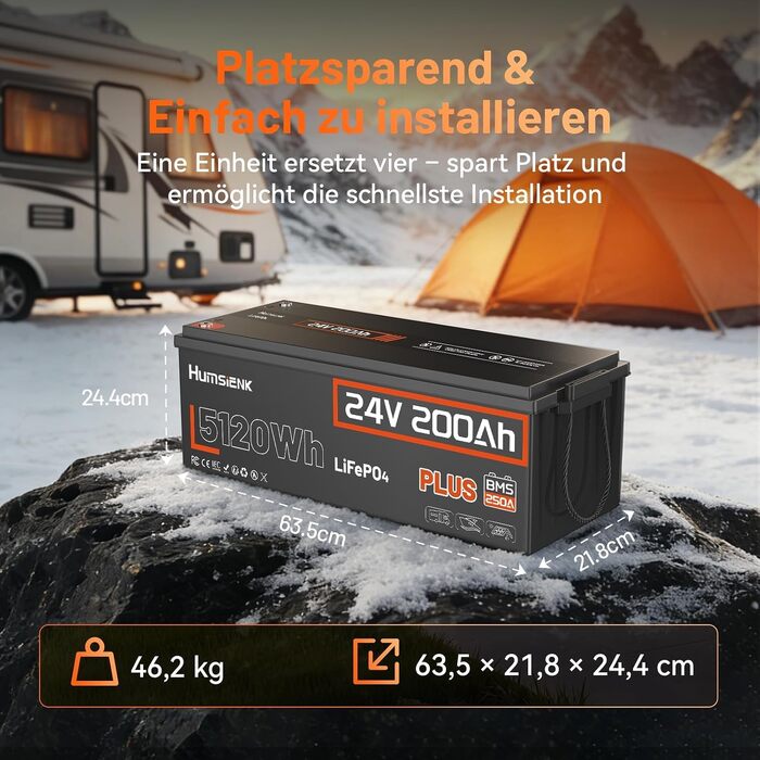 Акумулятор LiFePO4 Humsienk 24V 200Ah (5120Wh) для сонячних станцій та RV, з BMS 250A, IP65, висока потужність 6400W