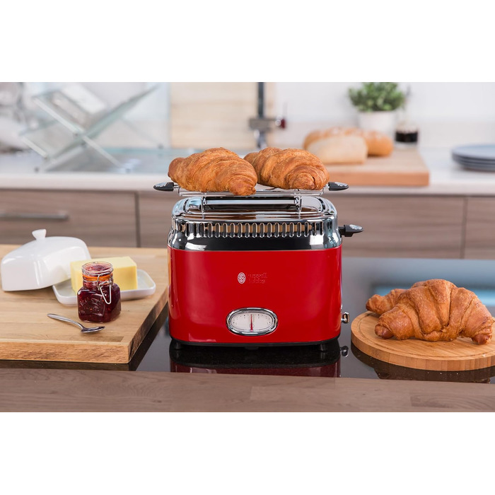 Тостер Russell Hobbs Retro 21680-56, нержавіюча сталь, червоний, 2 тости, 6 режимів, розморожування, підігрів
