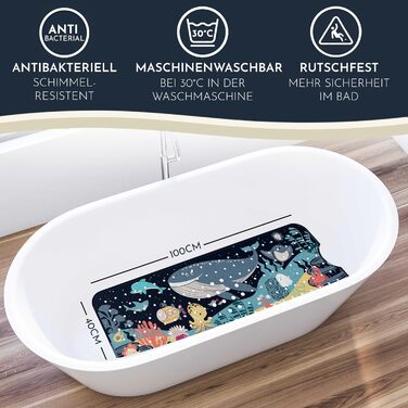 Дитячий килимок для ванни Homerella, антиковзний, 100% BPA-free, 100x40 см, з 2 гачками, шкірно-безпечний, стійкий до цвілі, можна прати, дизайн Deep Blue Ocean Friends