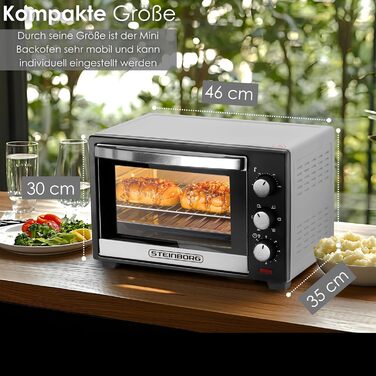 Steinborg Mini Backofen 25л – Електрична міні-піч 3-в-1 для піци та випічки з конвекцією, 1600 Вт, таймер 60 хв, деко для крихт