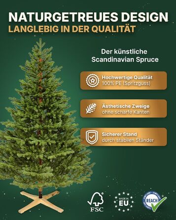 Штучна ялинка TreesHouse Scandinavian Spruce 180 см, реалістична зелена хвоя, підставка з FSC-дерева