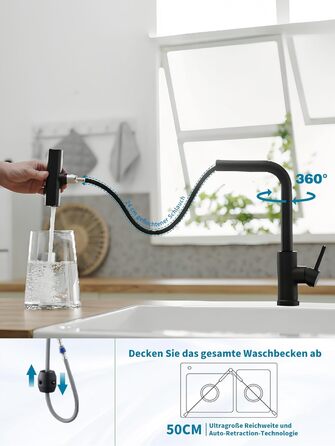 Змішувач кухонний Schwarz Waterfall високого тиску з витяжним душем, поворотний 360°, матовий чорний