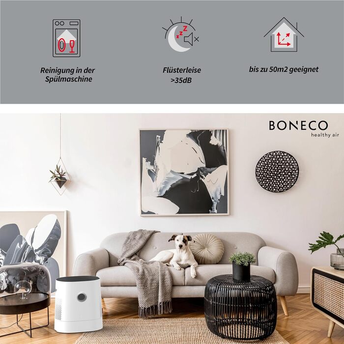 Зволожувач повітря BONECO W220, 6 л, для кімнат до 50 м², дуже тихий <35 дБ, 2 режими, авто-вимкнення, верхнє наповнення, білий
